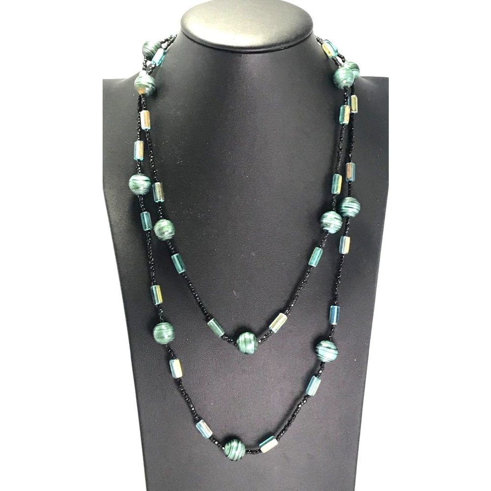 Vintage Czech Bohemian Glass Bead Flapper Necklace Teal Black 45 in